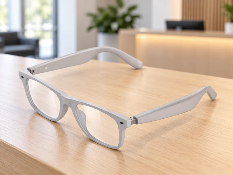 Illustratie: Pale grey rectangular audio glasses with clear lenses on a counter in the Netherlands