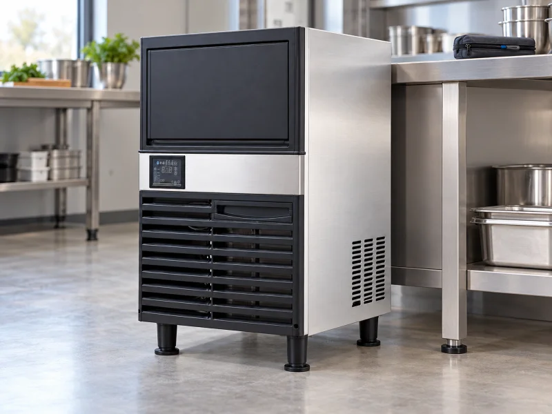 Illustration: Compact stainless cube ice maker on a desk
