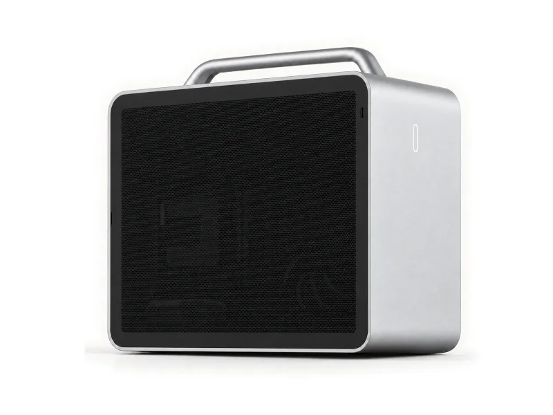 Silver handled workstation with black mesh cover on a light studio background