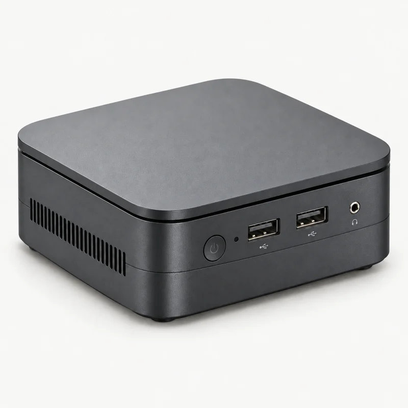 Dark grey mini PC with black lid gap and two black USB-A ports on a light studio background