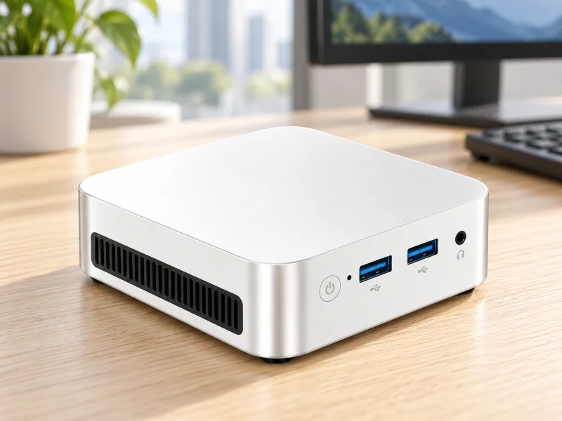 Illustratie: Bright pale silver mini PC with blue USB-A ports and left slatted vent on a desk