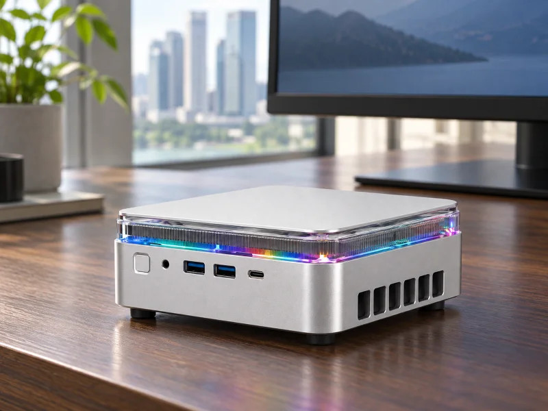 Illustratie: Silver mini PC with transparent illuminated upper band on a desk