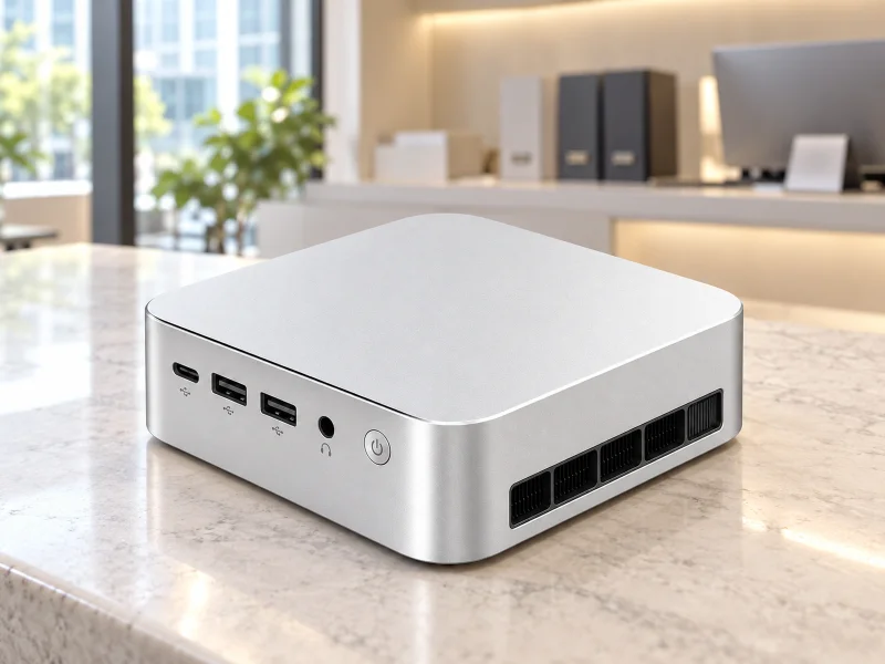 Ilustrasi: Silver compact mini PC with segmented side vent on a counter
