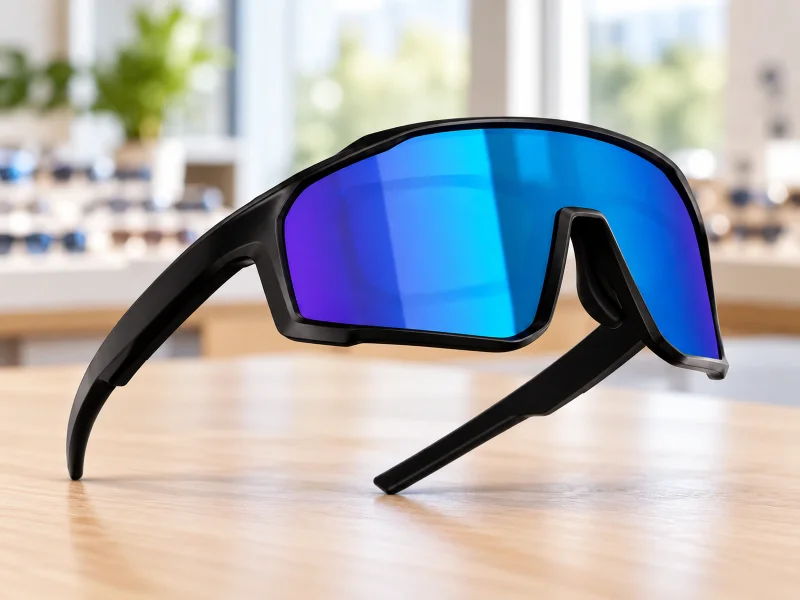 Illustratie: Black sports audio glasses with blue mirrored wraparound lens on a desk in the Netherlands