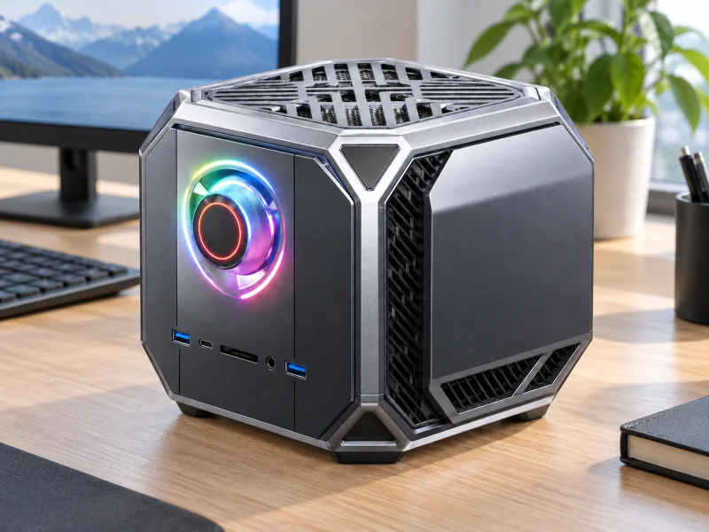Ilustrasi: Compact silver and charcoal workstation with illuminated fan on a desk