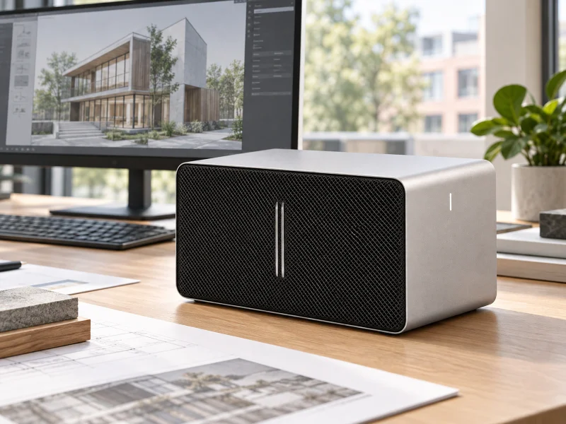 Illustration: Compact silver workstation with black mesh front on a desk