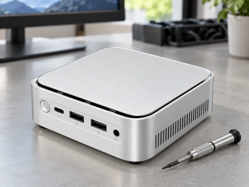 插图：Pale silver mini PC with black lid seam and USB-C front port on a desk