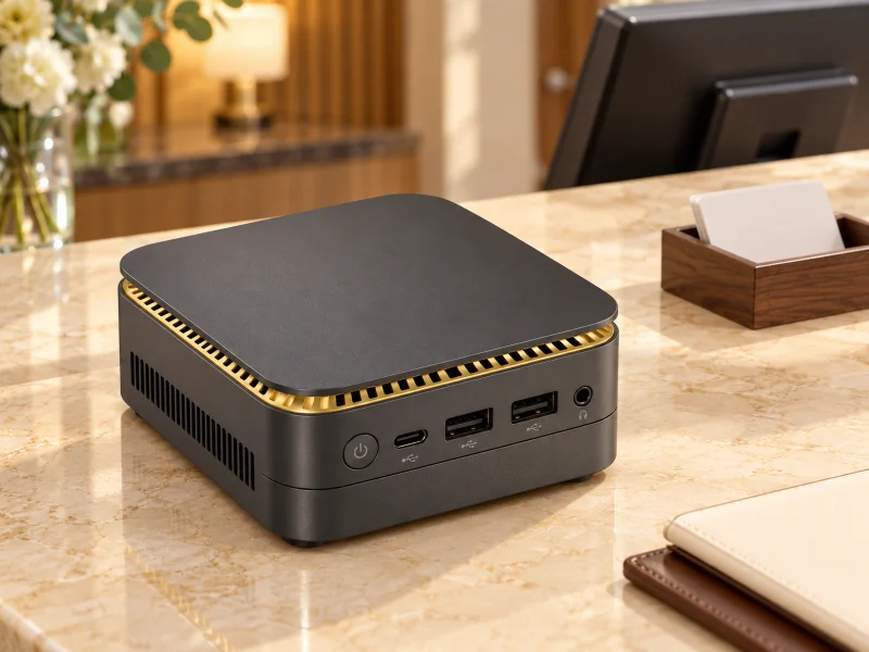 Illustratie: Dark grey mini PC with gold vented lid edge and USB-C front port on a counter