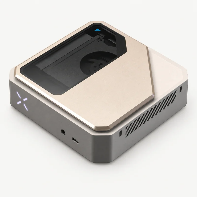 Champagne and gunmetal edge AI mini PC with transparent top window on a light studio background