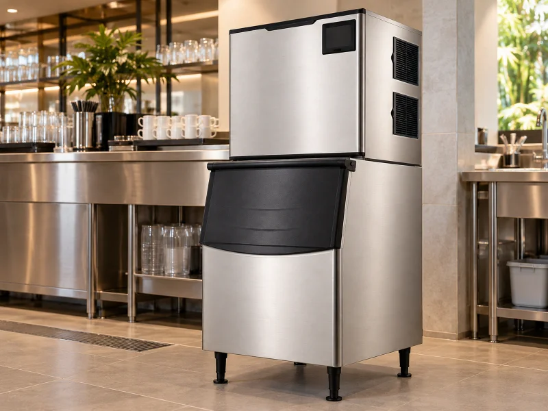 插图:Tall modular stainless cube ice maker on a desk