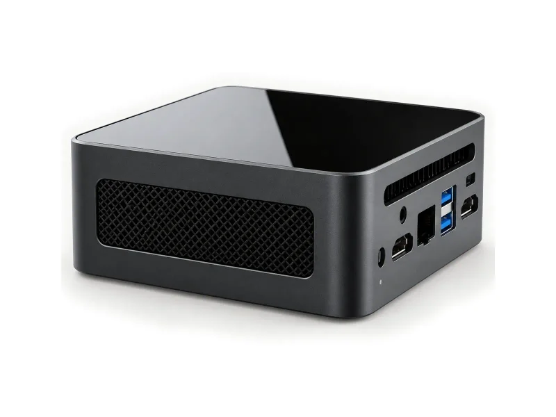 Compact black glossy-top mini PC on a light studio background