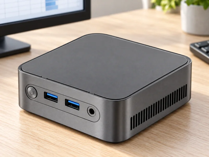 Illustration: Dark graphite mini PC on an office desk