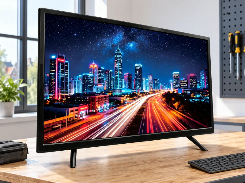 Illustration: Black desktop monitor with two separated feet on a Netherlands installer workbench