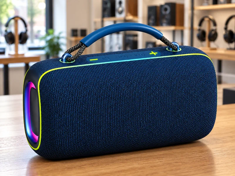 Ilustrasi: Navy rounded rectangular portable speaker with braided carryhandle on a desk