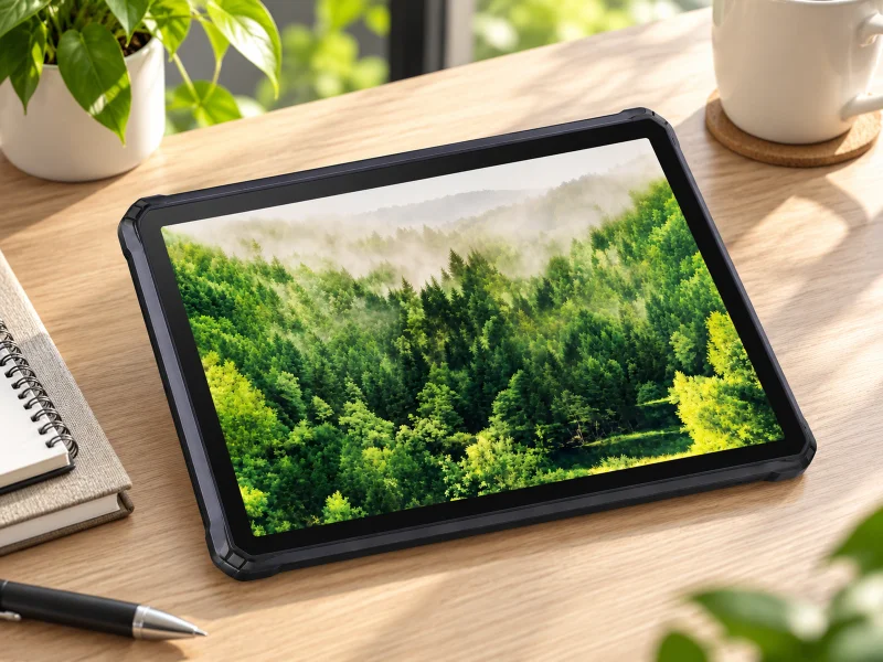 Illustration: Black rugged tablet with a forest image on its screen on a Singapore small-office desk