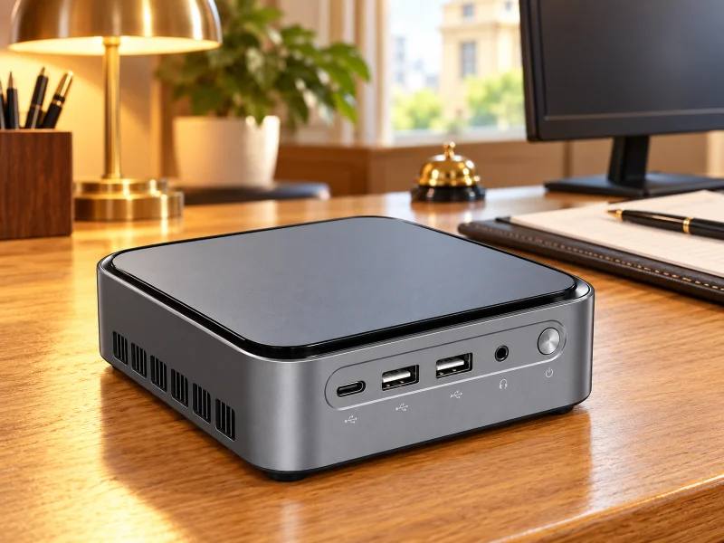 Illustration: Graphite mini PC with black top rim on a desk