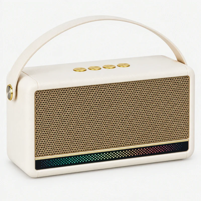 Ivory portable retro speaker with gold grille, arched strap and dotted light bar on a light studio background