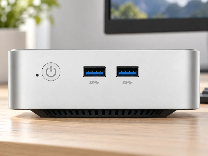 插图：Silver compact mini PC on an office desk