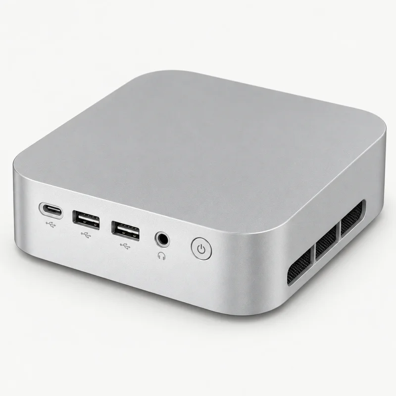 Silver mini PC with three front USB connectors on a light studio background