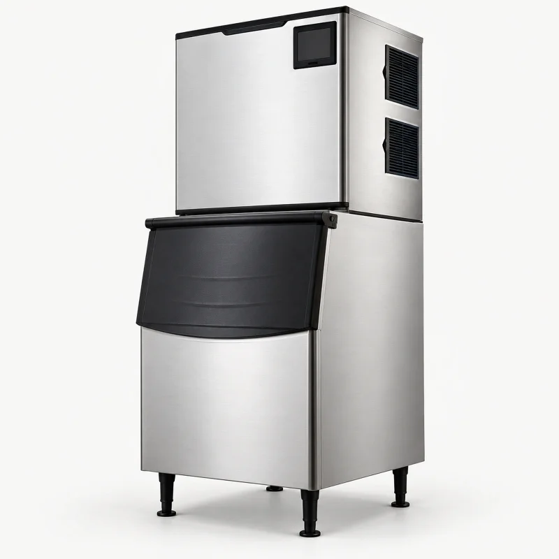 Tall modular stainless cube ice maker on a light studio background