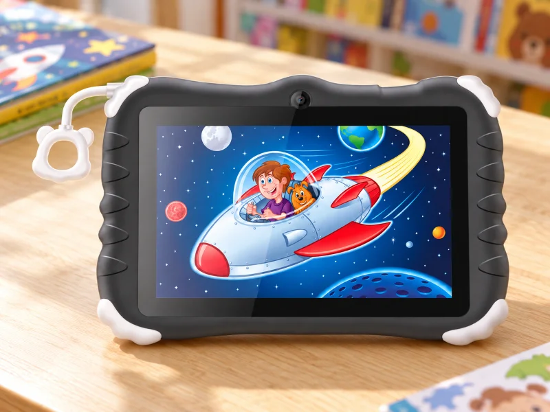 Illustration: 7inch dark protective children tablet on a counter in Malaysia