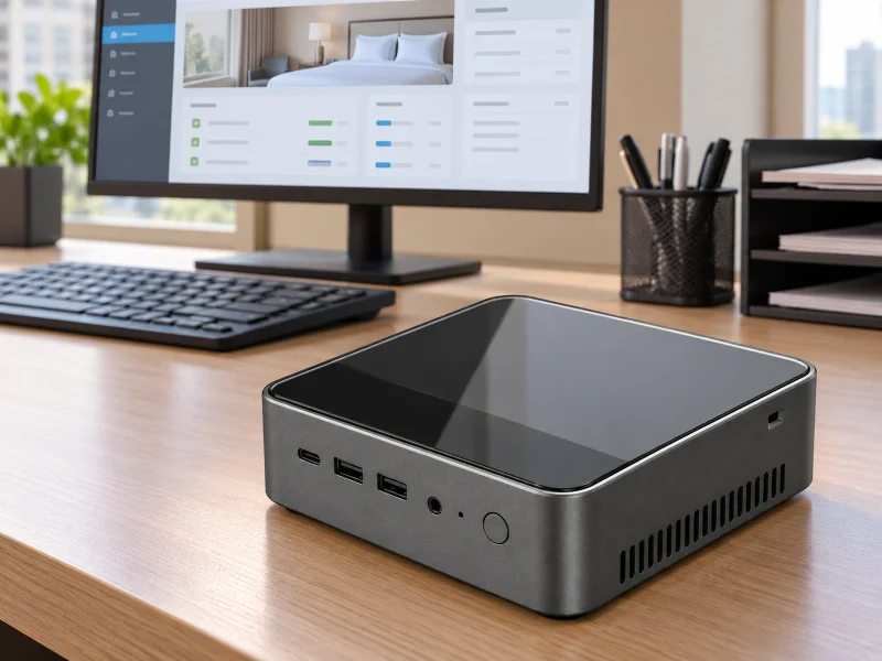 Ilustrasi: Glossy black and grey mini PC on a desk