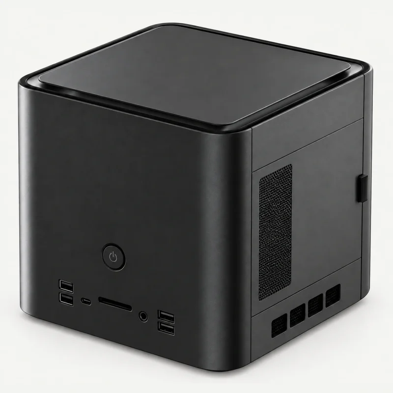 Compact black mini workstation on a light studio background