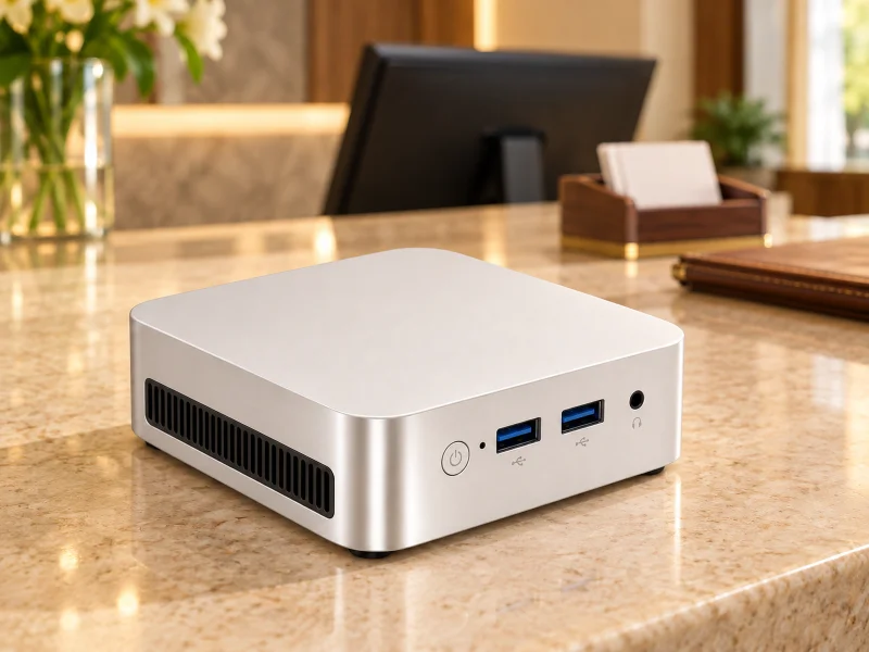 插图：Pale silver mini PC with two blue USB-A ports and left slatted vent on a counter