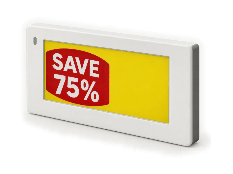 White 2.66 inch four-colour electronic shelf label on a light studio background