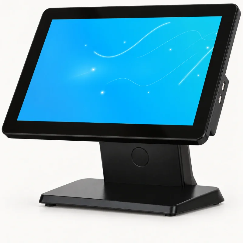 Black single-screen POS touchscreen on broad sloping pedestal on a light studio background