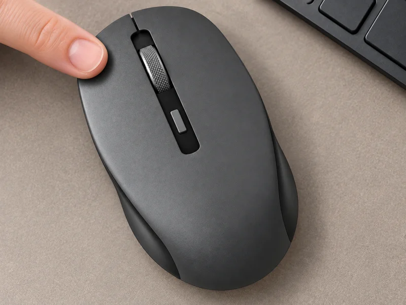 Illustration: Grey wireless mouse on a hotel desk during use