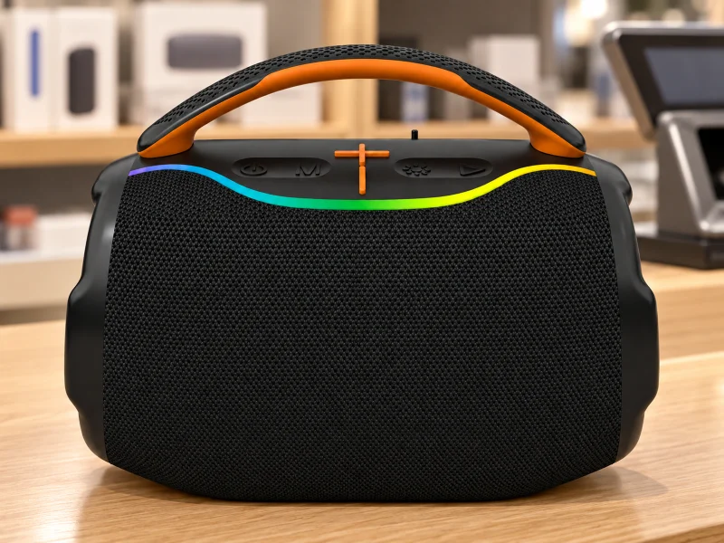 Ilustrasi: Black compact speaker with an orange-lined carry handle and rainbow edge light on a Singapore shop counter