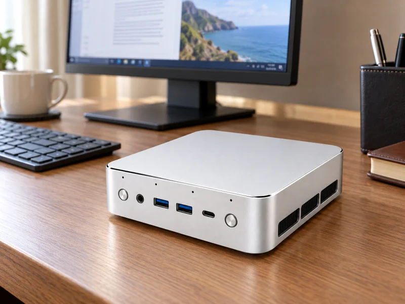 Ilustrasi: Low-profile silver mini PC on a desk
