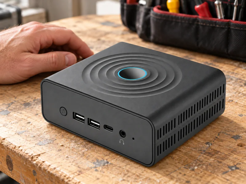 Illustration: Dark compact mini PC with concentric top rings on an installer workbench