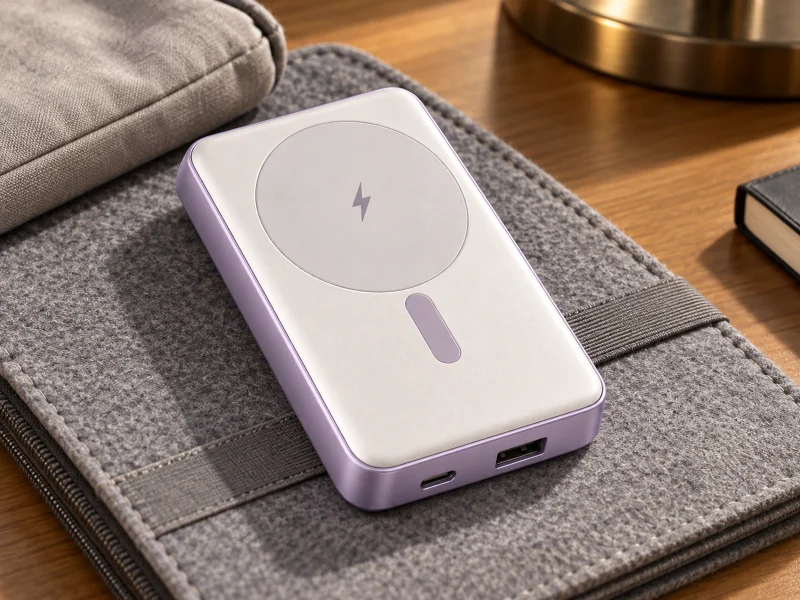 Illustration: Lavender magnetic power bank with two ports and charging target on a desk in the UK