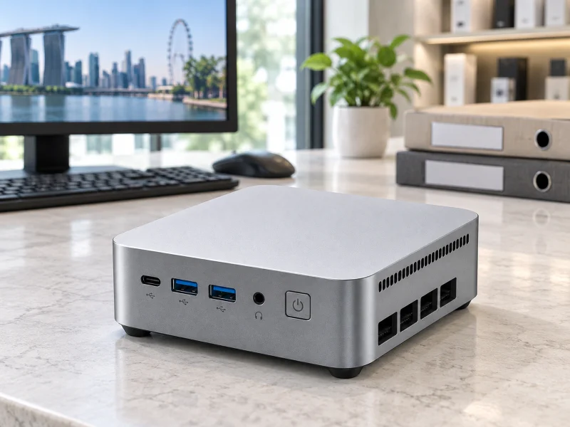 Illustratie: Gray mini PC with blue USB sockets and square power button on a counter