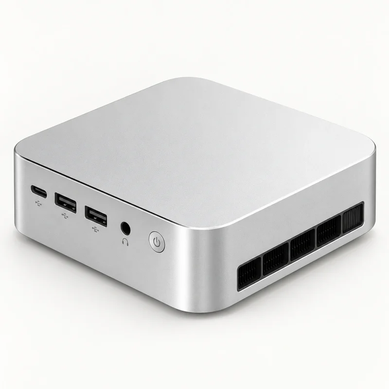 Silver compact mini PC with segmented side vent on a light studio background