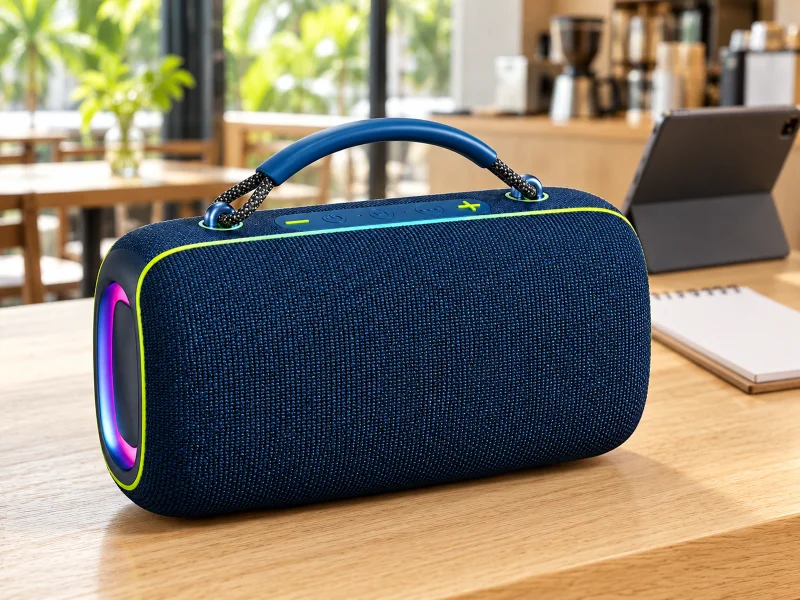 Ilustrasi: Navy rounded rectangular portable speaker with braided carryhandle on a counter