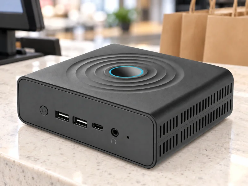 Illustration: Dark compact mini PC with concentric top rings on a shop checkout counter