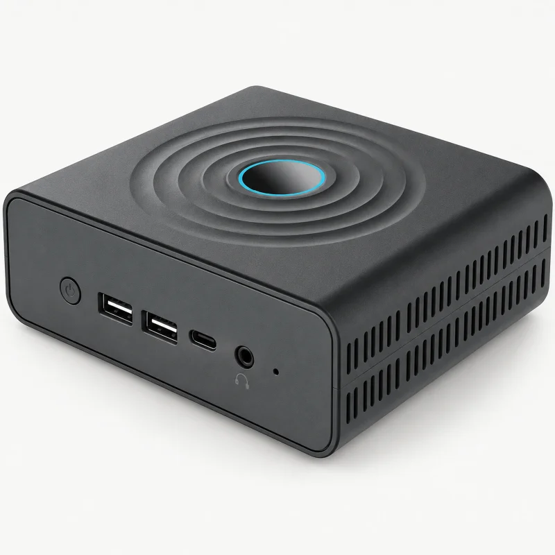 Dark compact mini PC with concentric top rings on a light studio background