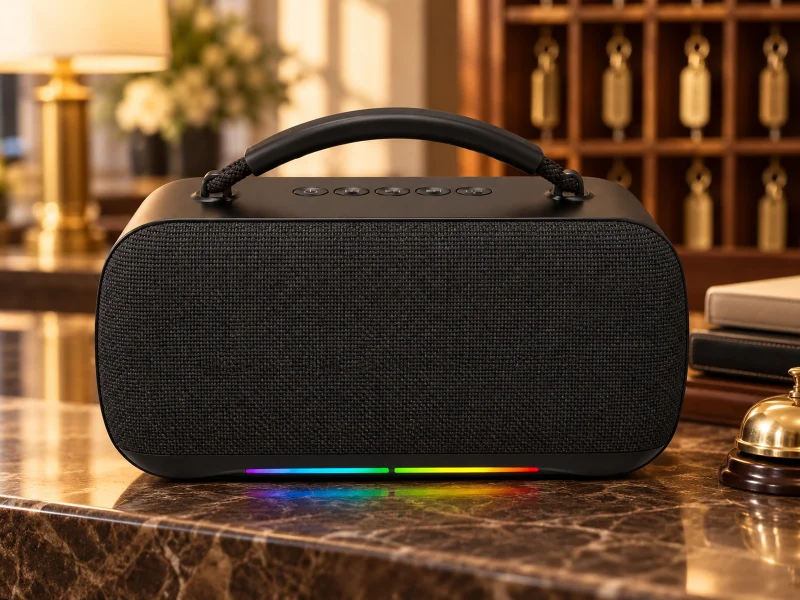 插图：Black portable speaker with an arched carry handle and lower rainbow light strip on a UK hotel service desk