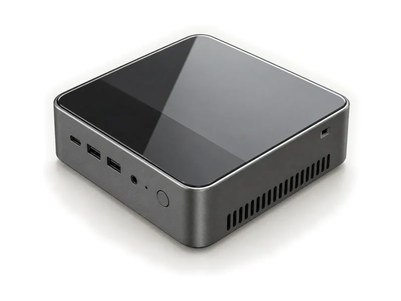 Glossy black and grey mini PC on a light studio background