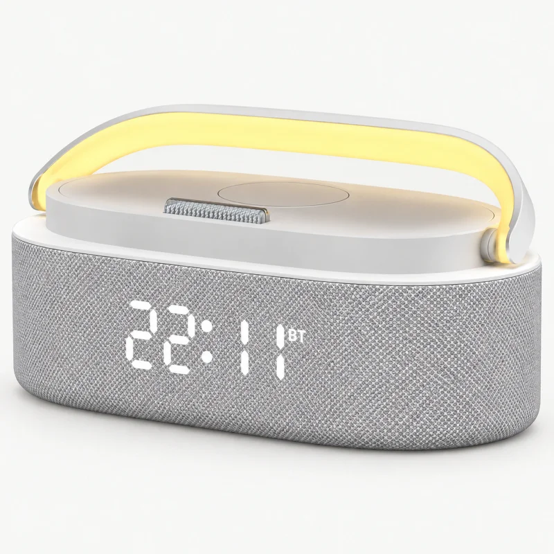 White charging clock speaker on a light studio background