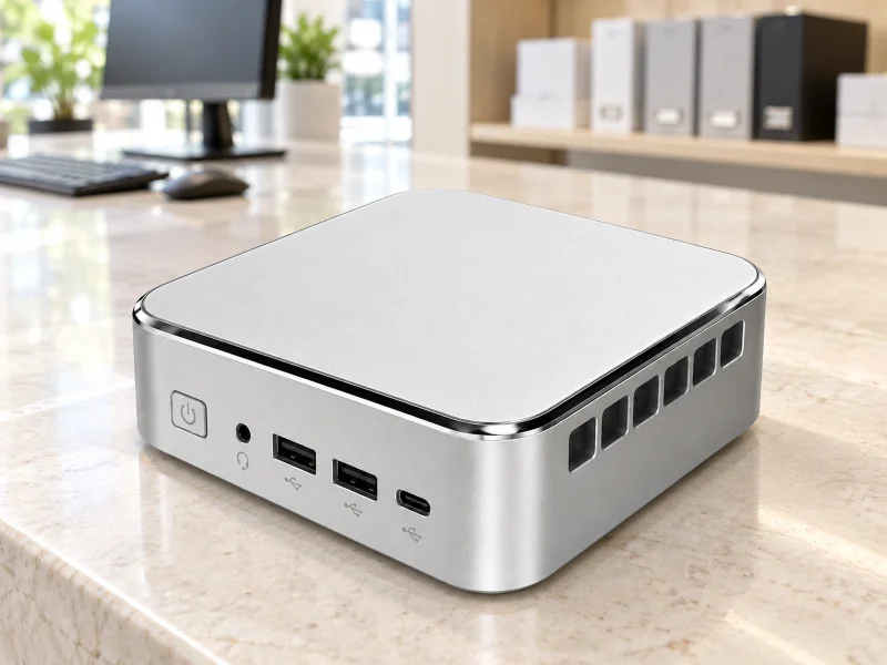 Illustration: Silver compact mini PC with glossy edge trim on a counter