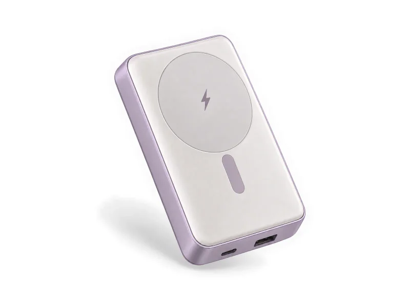 Lavender magnetic power bank with two ports and charging target on a light studio background