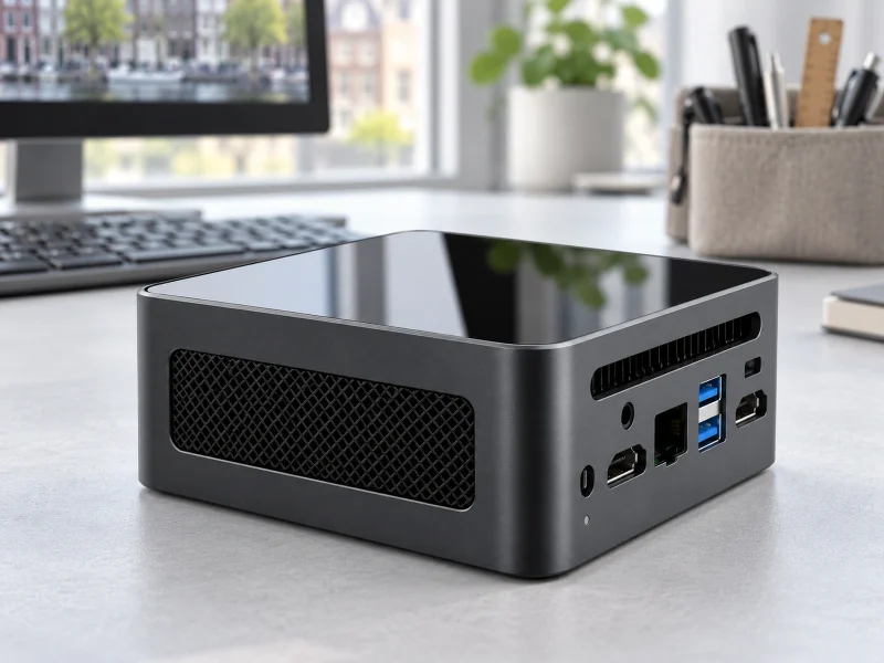 插图:Compact black glossy-top mini PC on a workbench