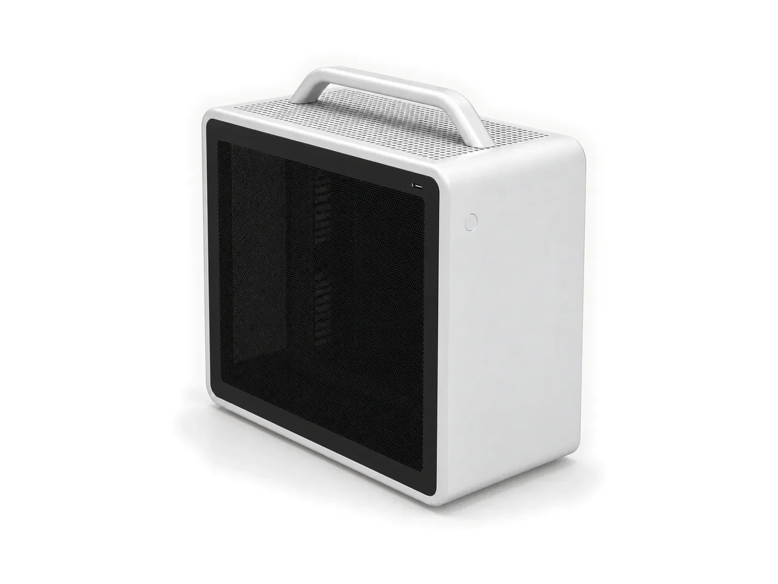 Silver-white workstation with a carry handle on a light studio background