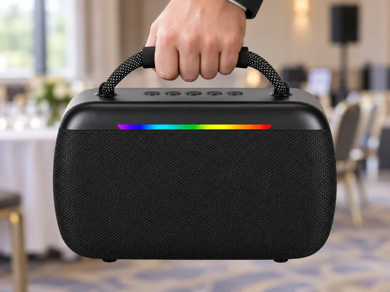 Illustration: Black portable mesh speaker being carried by an installer