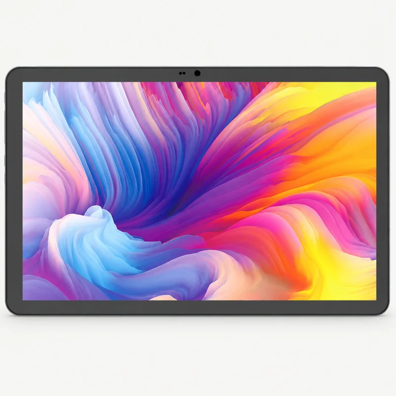 Graphite landscape tablet with three top-bezel apertures on a light studio background