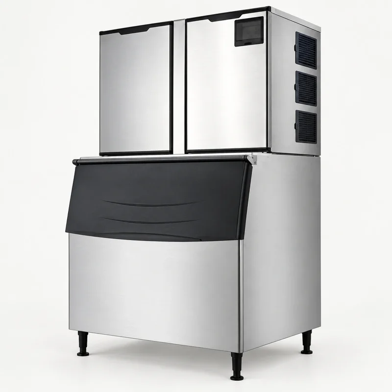 Wide modular stainless cube ice maker on a light studio background